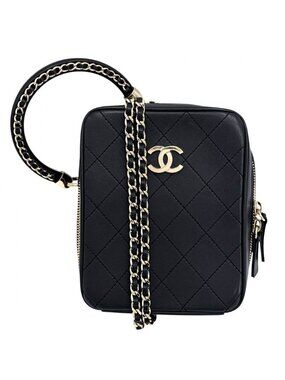 Chanel Shoulder Bag Pochette CC Logo 2-Way Crossbody Quilted Leather Black Gold